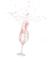 Pouring Clear Wine glass with spilled red liquid in air. Red wine splashing out of glass with curve spill and splashing. Black background isolated element