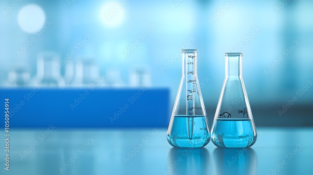 Poster Test Tube and Flask Sitting on a Lab Bench under Blue Lighting with a Background Featuring a Blue Banner for Use in Images Promoting the Science and Healthcare Industry