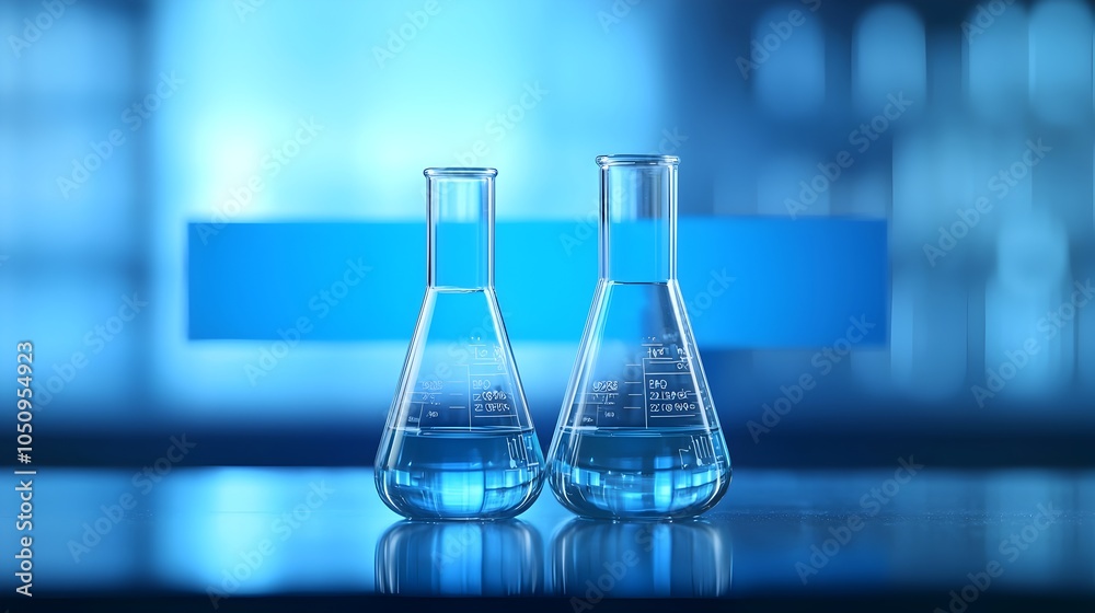 Poster Test Tube and Flask Sitting on a Lab Bench Under Blue Lighting with a Blue Background Banner Ideal for Images Promoting Science Chemistry and Medical Research Concepts