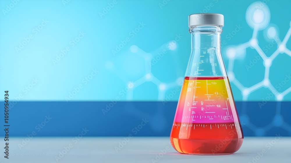 Aufkleber colorful flask filled with vibrant liquid on display in a high tech research laboratory with blue ba