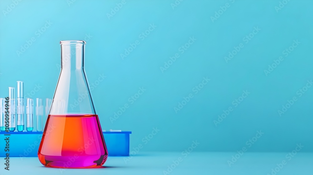Poster colorful liquid filled glass flask showcased in a high tech research laboratory setting with a blue 