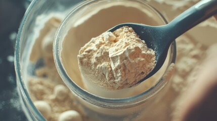 Whey protein supplement scoop. Protein powder background