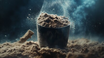 Whey protein supplement scoop. Protein powder background