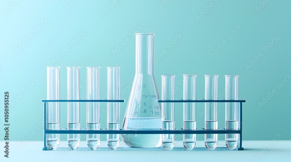 Aufkleber flasks and test tubes arranged in a clinical laboratory with soft blue banner backdrop showcasing sc