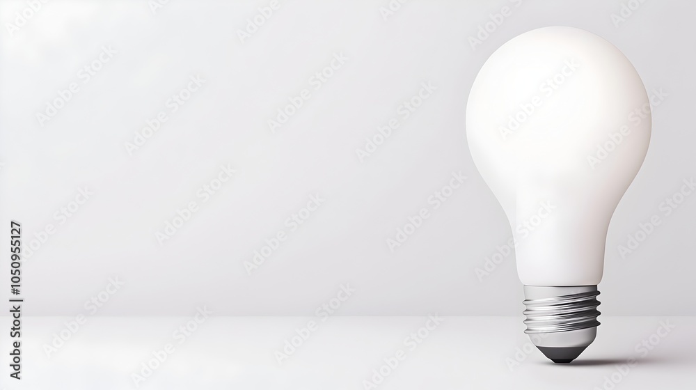 Poster Minimalist and sleek 3D rendering of a lightbulb in a soft white studio setting perfect for adding text or marketing graphics on the right side