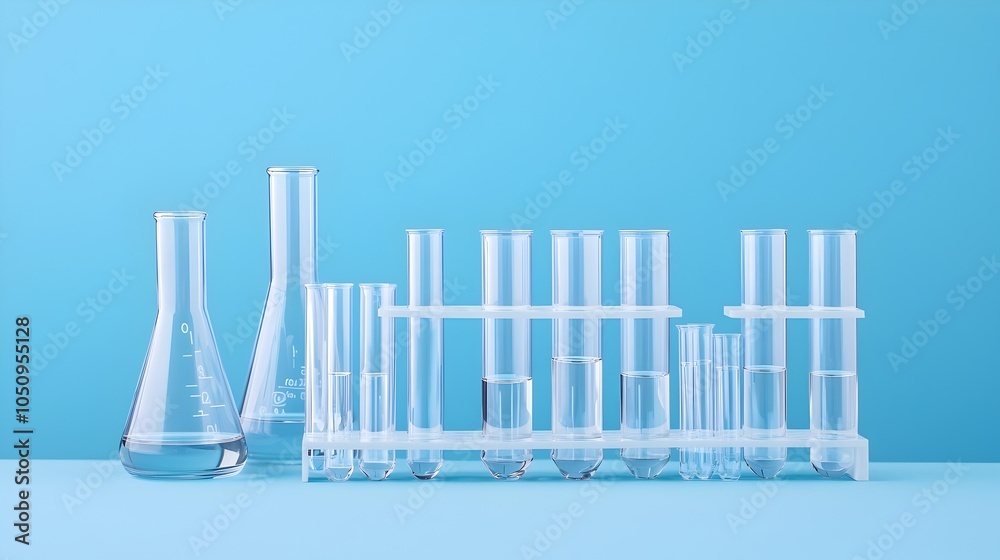 Aufkleber assortment of laboratory flasks and test tubes displayed in a clean minimalist clinical setting with