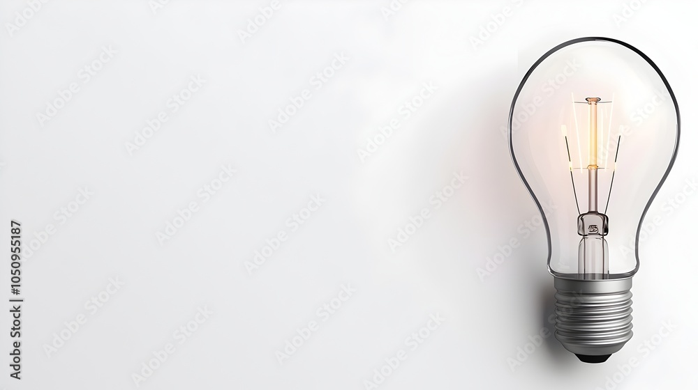 Poster 3D rendered lightbulb design with a bright glowing filament positioned on a clean white background  This image is perfect for use in product advertisements presentations