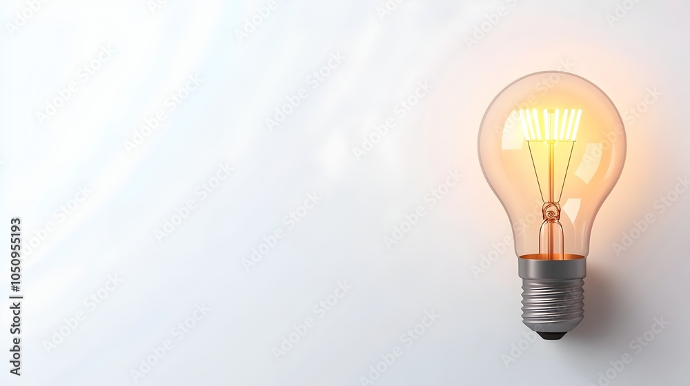 Poster Detailed 3D render of a lightbulb design with a bright glowing filament positioned on a clean white background perfect for product advertisements presentations or technology focused content