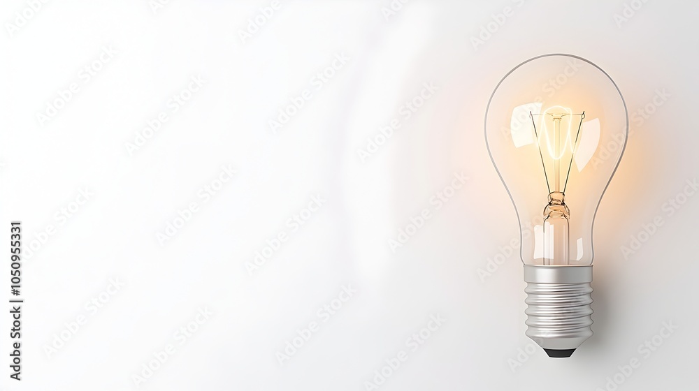 Poster Elegant 3D rendered lightbulb design with a glowing filament isolated on a plain white background providing a clear space on the right side for seamless text or overlay