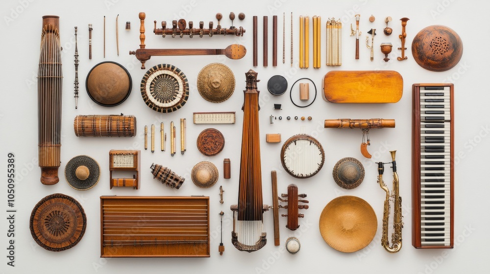 Aufkleber An inspiring image of a diverse array of musical instruments arranged in a visually appealing pattern, Symbolizing the harmony and richness achieved through incorporating different cultural sounds
