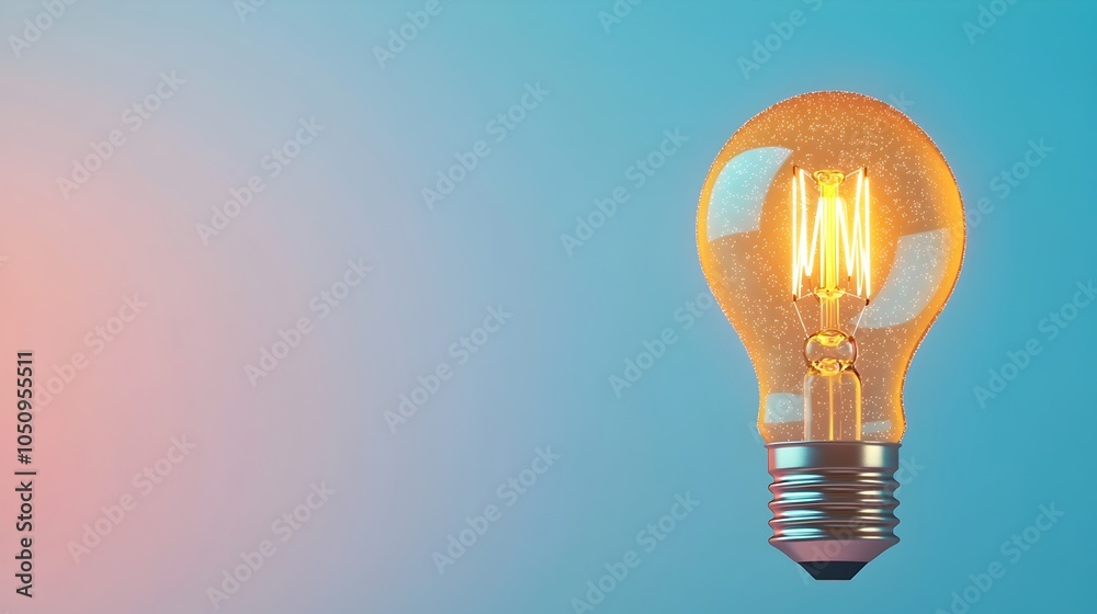 Poster Close up photography of an illuminated lightbulb glowing with a radiant sparkle against a gentle gradient backdrop in a misty atmospheric setting creating a surreal and modern visual concept