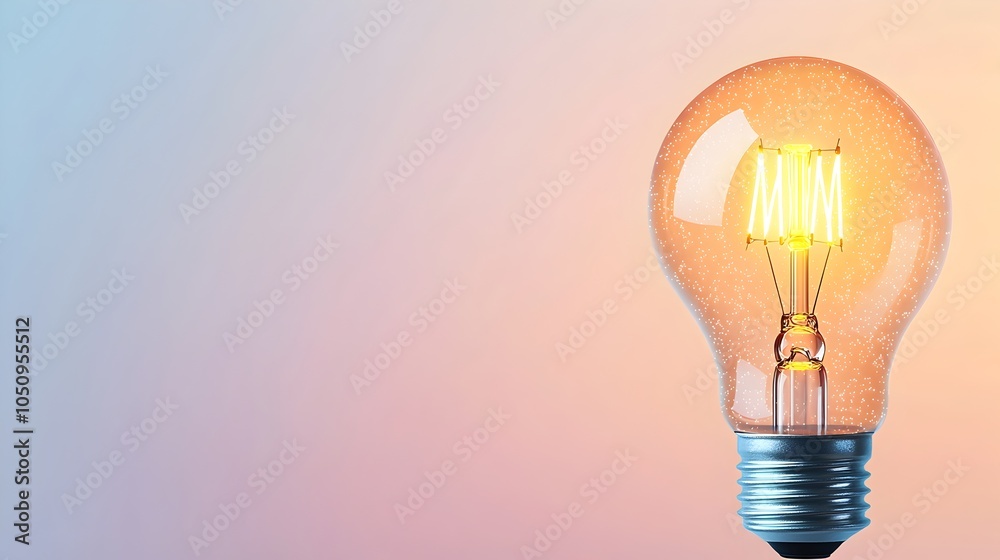 Poster Close up of a luminous illuminated lightbulb with a glowing filament shimmering against a soft misty gradient backdrop with a surreal modern and aesthetic