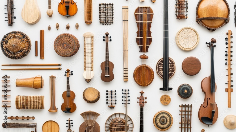 Aufkleber An inspiring image of a diverse array of musical instruments arranged in a visually appealing pattern, Symbolizing the harmony and richness achieved through incorporating different cultural sounds