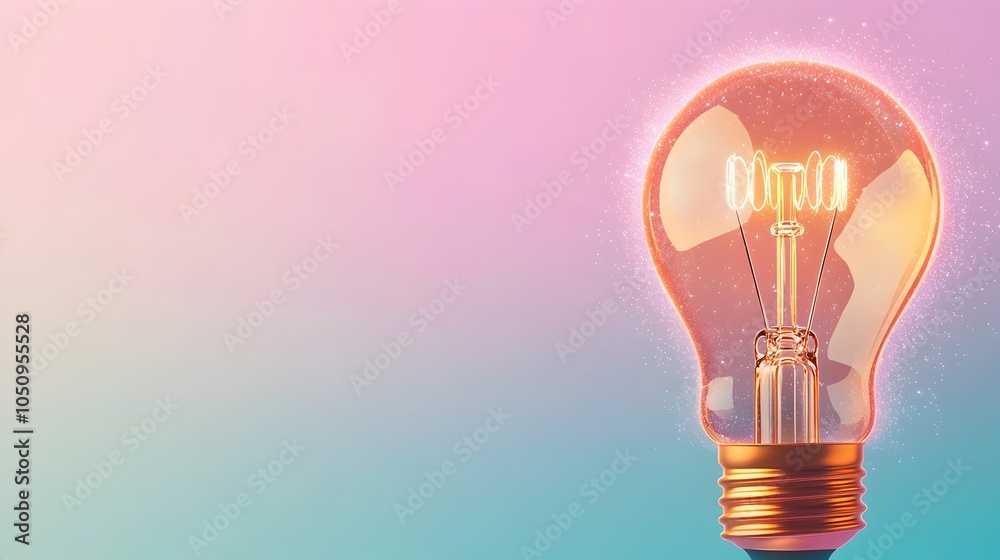 Poster Glowing lightbulb emitting warm radiant light surrounded by delicate sparkles and mist set against a calming gradient filled background with a futuristic atmospheric vibe