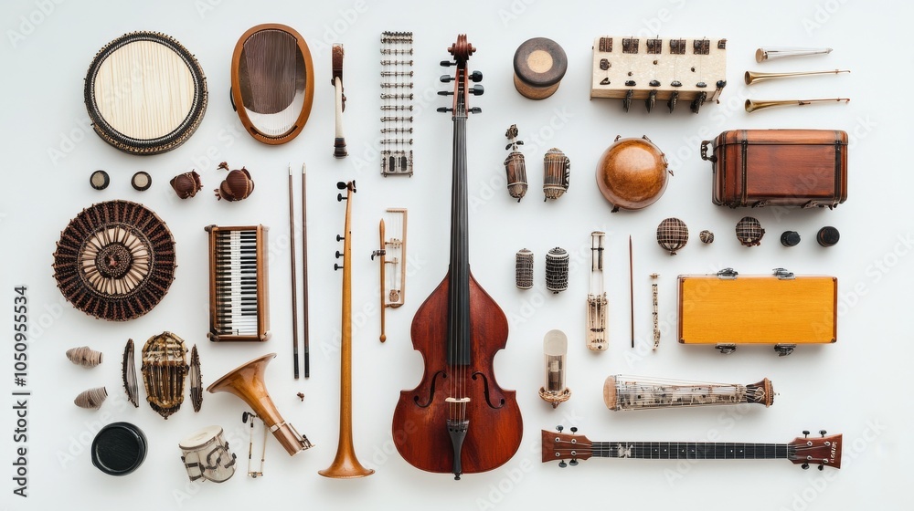 Poster An inspiring image of a diverse array of musical instruments arranged in a visually appealing pattern, Symbolizing the harmony and richness achieved through incorporating different cultural sounds