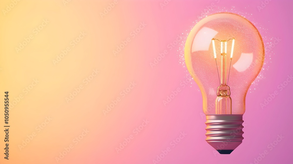 Poster Glowing lightbulb emitting a warm radiant light surrounded by a hazy mist and twinkling sparkles set against a serene gradient background with a futuristic atmospheric ambiance