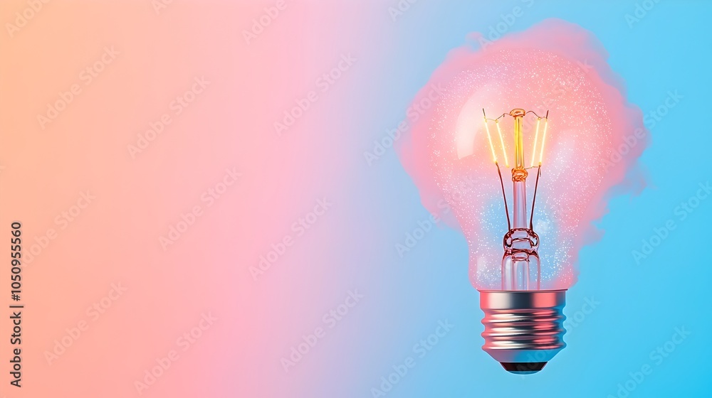 Poster Glowing lightbulb encased in a swirling sparkling mist set against a soft gradient background creating a dreamlike atmospheric visual perfect for marketing materials advertising and creative projects