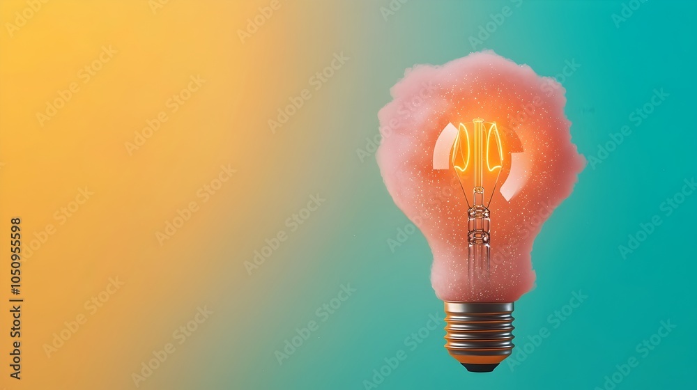 Poster Glowing lightbulb encased in swirling shimmering mist on a soft gradient background creating a dreamlike ethereal atmosphere that is perfect for marketing advertising and creative visual applications