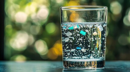 Micro Plastics Clear water in a glass with visible floating microplastics, concept of pollution in drinking water © Anan