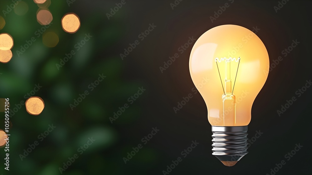 Poster Glowing luminous lightbulb against a dark backdrop surrounded by soft blurred bokeh lights representing concepts of ideas creativity and innovation in a professional 3D design setting