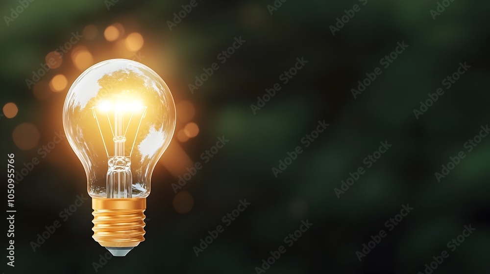 Poster Close up of a brilliant 3D lightbulb shining brightly in the dark background surrounded by a warm glowing bokeh effect  This image symbolizes the emergence of fresh ideas