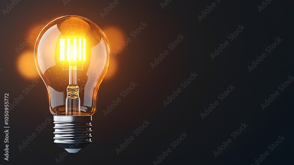 Poster Close up 3D rendering of a bright shining lightbulb in a dark background with warm glowing bokeh surrounding it  The image symbolizes fresh ideas