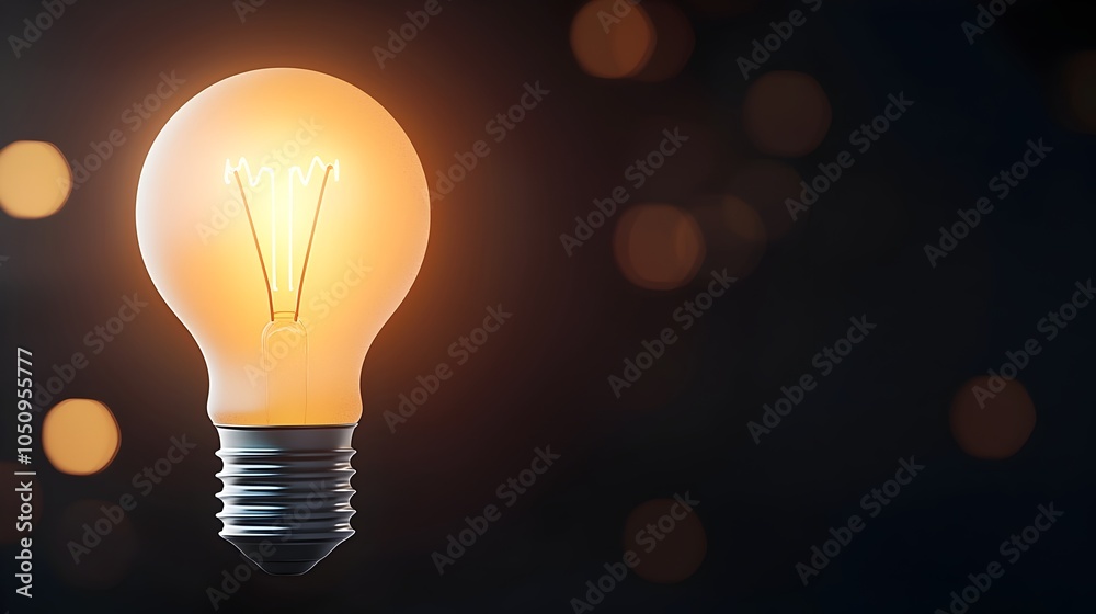 Poster Detailed 3D rendered image of a glowing lightbulb on a dark background symbolizing innovation surrounded by a warm bokeh glow perfect for use in creative conceptual and technology related projects
