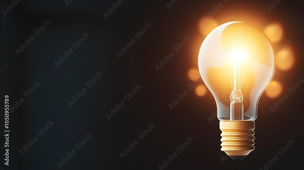 Poster Close up view of a brightly shining 3D lightbulb surrounded by a warm glowing bokeh effect representing the concept of new ideas emerging from the darkness