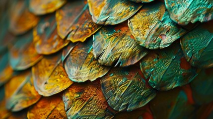 Fototapeta premium An ornate close-up view of vibrant scales forming a textured pattern, showcasing the beauty and detail of natural design in a colorful, artistic manner.