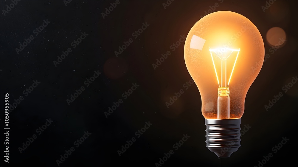 Poster Illuminated lightbulb glowing in a dark scene with soft bokeh lights creating a warm and inviting atmosphere symbolizing new ideas and innovative concepts in a clean minimalist 3D rendered style