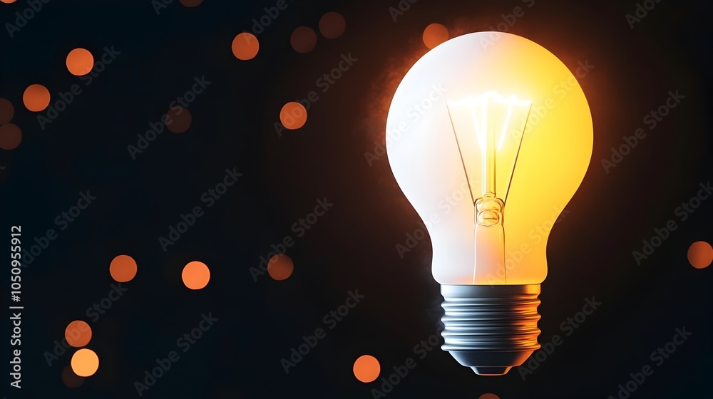 Poster Illuminated glowing lightbulb in a dark scene with soft bokeh lights creating a warm and atmosphere symbolizing new ideas and creativity in a clean 3D style