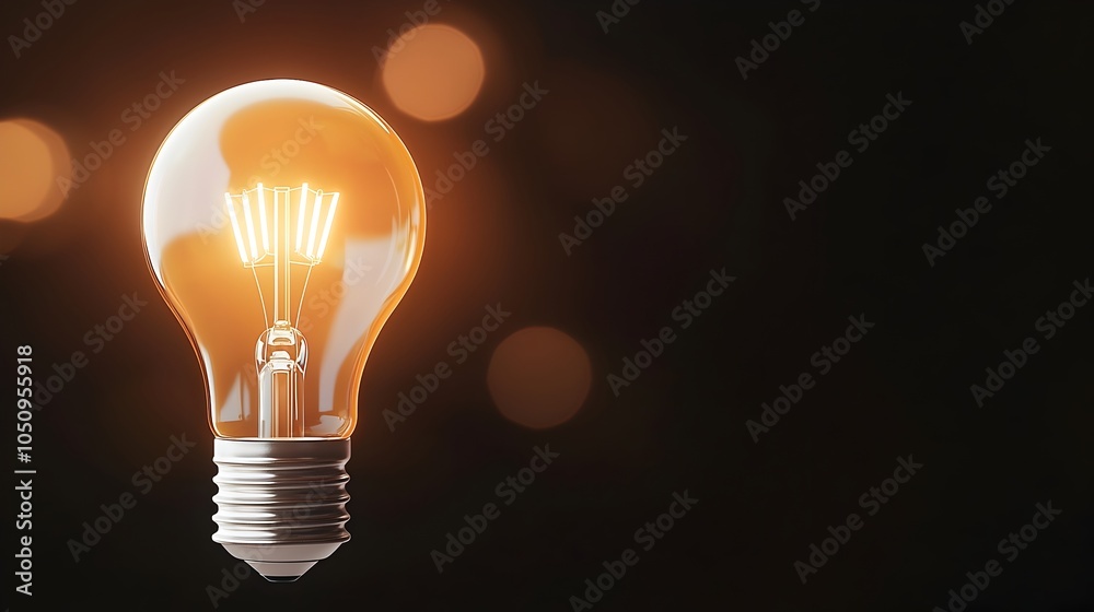 Poster Glowing lightbulb on a dark background with soft warm bokeh effects a professional 3D rendering representing innovation creativity and the bright ideas of the future