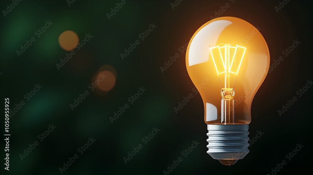 Poster Illuminated lightbulb glowing in a dark scene with soft bokeh lights creating warmth and a clean minimalist 3D style that symbolizes new ideas creativity and