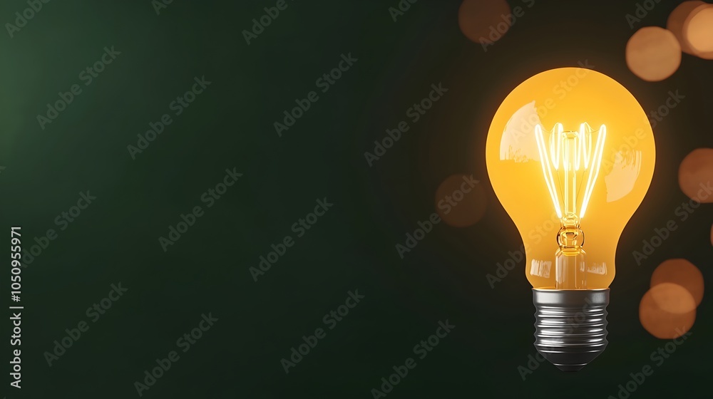 Poster Close up of a radiant glowing lightbulb emitting soft luminous light and surrounded by warm blurred bokeh on a dark background representing innovation in a 3D rendered scene