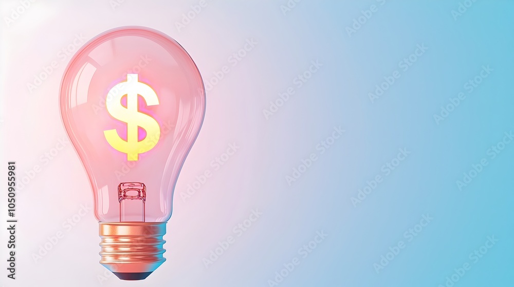Poster close up 3d lightbulb with a glowing dollar sign hologram set against a modern white and blue backgr