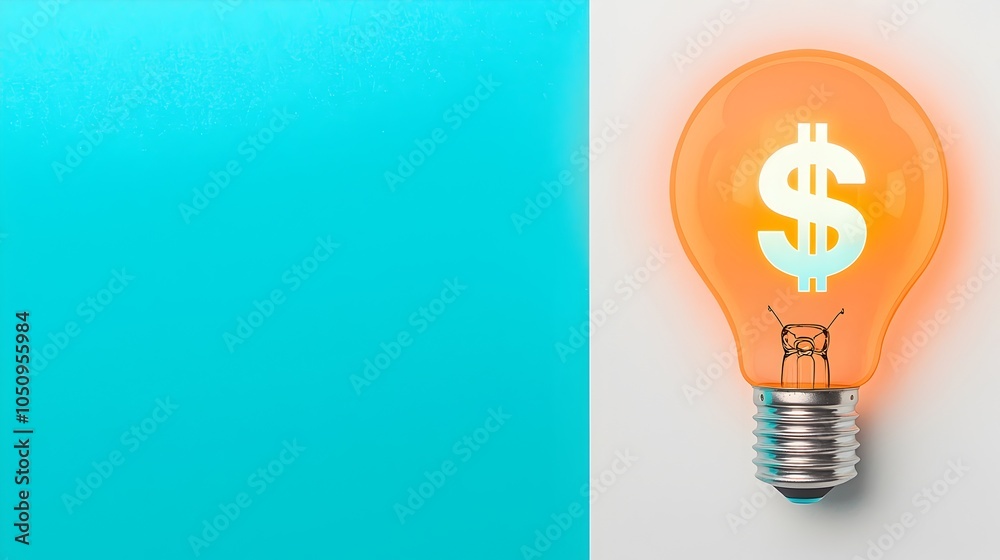 Aufkleber Glowing 3D lightbulb with a holographic dollar sign set against a minimalist modern white and blue background with copy space on the right  Concept of finance business investment marketing