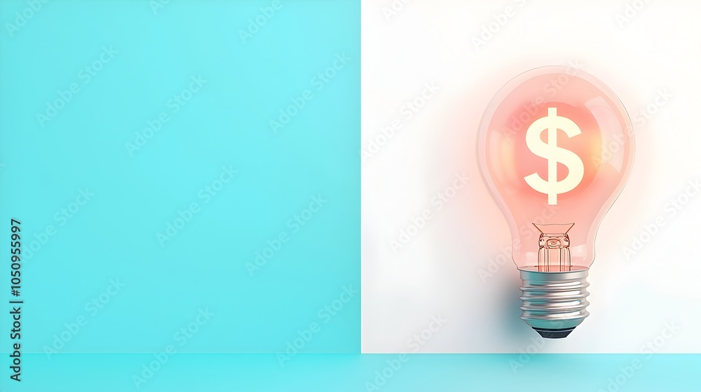 Poster close up 3d render of a glowing dollar sign hologram projected inside a modern lightbulb set against