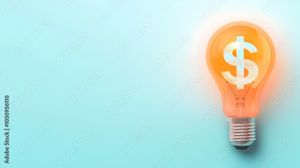 Leinwandbilder Detailed 3D rendering of a glowing lightbulb with a holographic dollar sign set against a clean white and blue background providing ample space for copy or text overlay