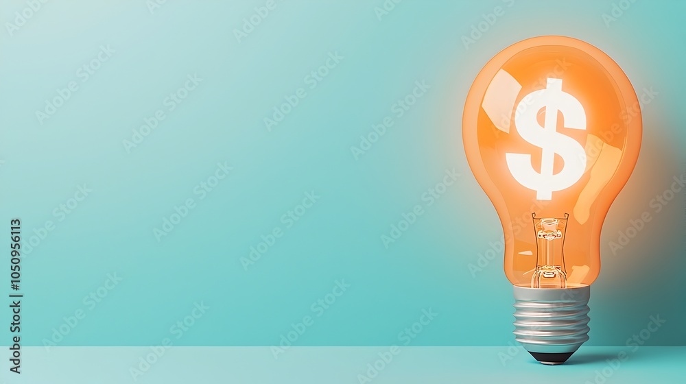 Poster detailed 3d rendering of a glowing lightbulb with a holographic dollar sign set against a minimalist