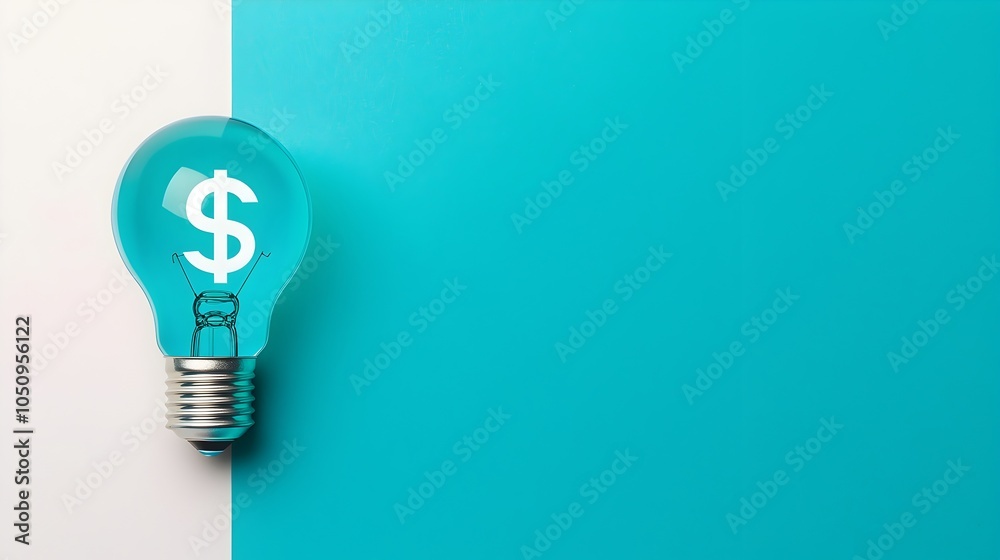 Poster innovative 3d lightbulb with a holographic dollar sign on a minimalist blue and white background sym