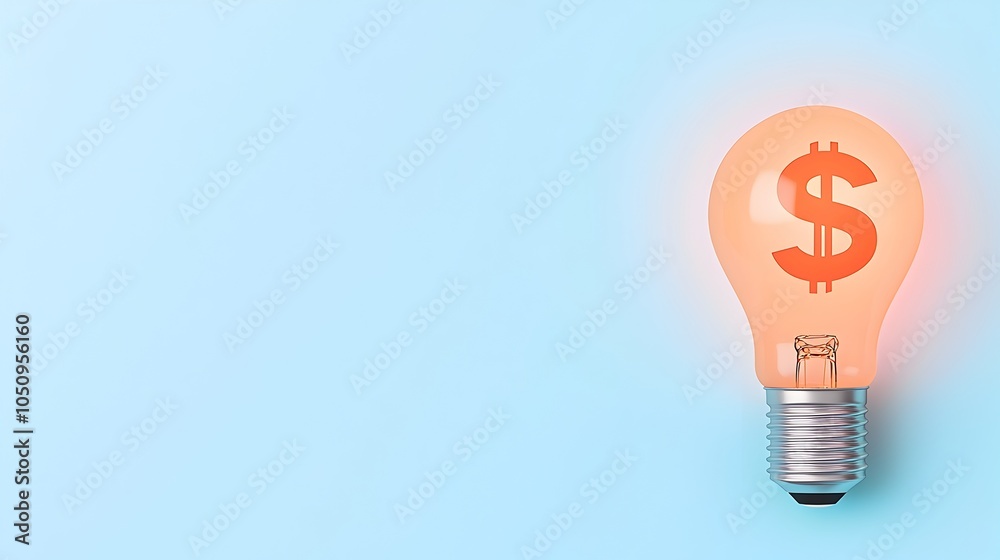 Poster Glowing 3D lightbulb with a holographic dollar sign symbol floating above it set against a clean minimalist blue and white background  This visually striking image can be used for financial business