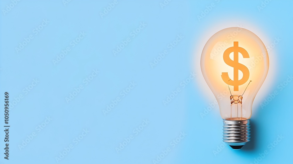 Aufkleber Glowing 3D Lightbulb with Digital Dollar Sign Hologram Floating on Clean Blue and White Background Designed with Copy Space for Advertisements Business and Finance Concepts