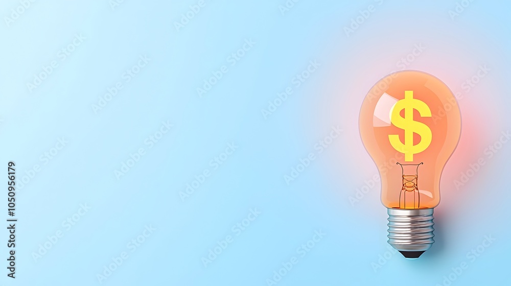 Aufkleber Glowing 3D Lightbulb with Dollar Sign Hologram on Clean Blue and White Background Designed with Copy Space for Advertising and Business Concepts