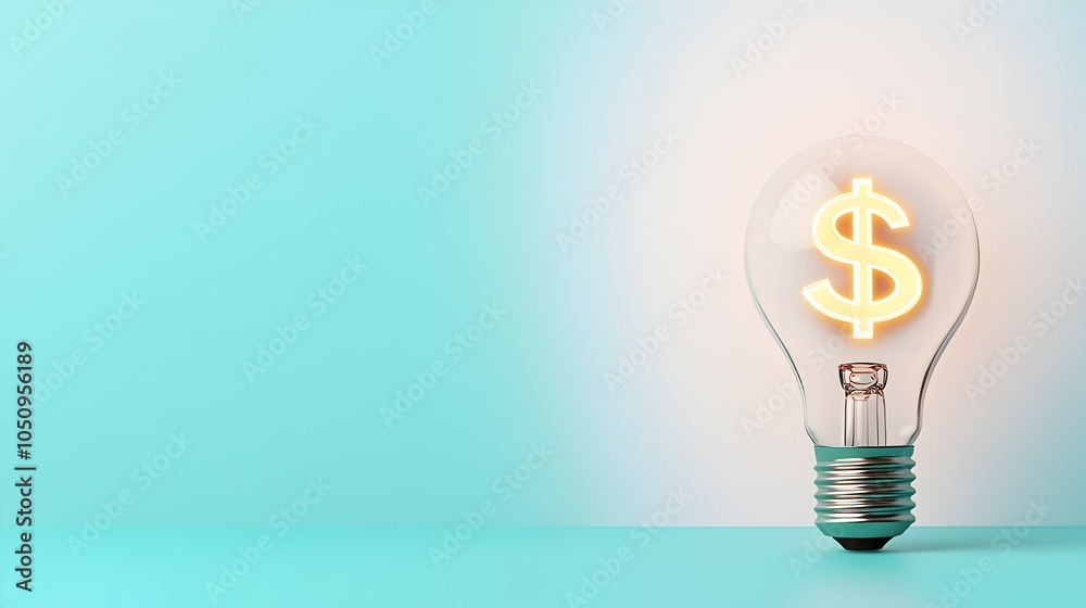 Poster 3D Rendering of a Glowing Dollar Sign Hologram Floating Beside a Lightbulb on an Abstract Blue and White Backdrop Symbolizing Financial Success Innovation and Bright Ideas in Business and Technology