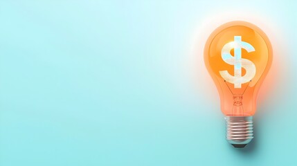 Detailed 3D rendering of a glowing lightbulb with a holographic dollar sign set against a clean white and blue background providing ample space for copy or text overlay
