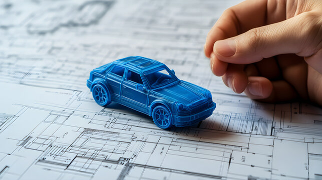 hand holding toy car on blueprints, symbolizing creativity and design