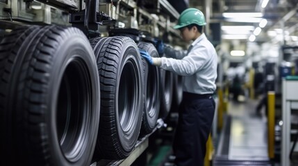 Fototapeta premium Tire Production Line: Worker Inspecting New Tires