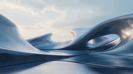 Surreal metallic landscape with smooth, fluid shapes resembling futuristic dunes under a bright sky. Glossy surfaces and soft curves create a serene, abstract scene. AI generative.