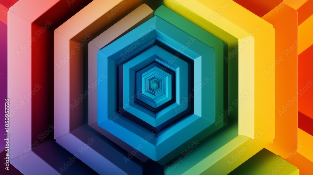 Poster Colorful concentric hexagons expanding outward, symbolizing the expanding influence of inclusive practices and the integration of diverse perspectives, minimalist style