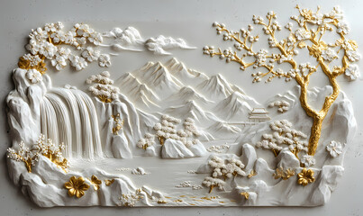 Volumetric stucco molding on a concrete wall with golden elements, Japanese landscape, waterfall, mountains, sakura colorful